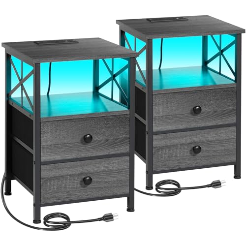 Night Stand Set of 2 with Charging Station and LED Lights