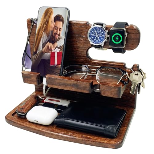 Gifts for Men from Wife Nightstand Organizer for Men Wood Phone Docking Station Phone Holder for iPhone