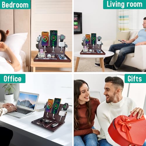USB Charging Station for Multiple Devices Wood Phone Docking Station with QC3.0 & PD 22.5W Type c Charger Fast Charging for iPhone Samsung Google Andriod Smart Watch Earbuds Gifts for Men