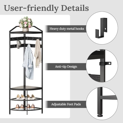 Corner Hall Tree with Shoe Bench Entryway Coat Rack with 10 Metal Movable Hooks Freestanding Clothes Rack Shoes Shelf Organizer for Home Office Bedroom