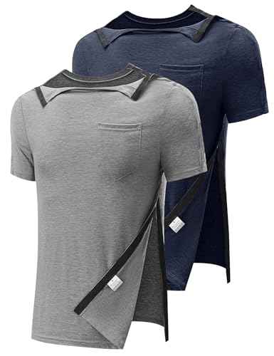 Men's Post Shoulder Surgery Recovery Shirts Full Tear Away Short Sleeve Snap Chemo Port Access Shirt
