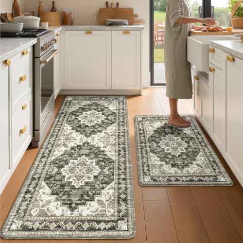 Boho Kitchen Mats for Floor 2 Piece Set Anti Fatigue Cushioned PVC Kitchen Rugs Non Slip Waterproof Farmhouse Mats 2
