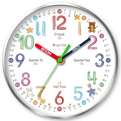 Wall Clock for Kids Learning to Tell Time Easily Clock Non Ticking Battery Operated Colorful Teaching Time Clock Decorative for Kids Room Classroom School