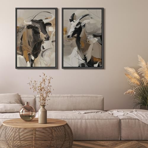 Framed Canvas Print Wall Art Modern Abstract Longhorn Cow Neutral Black Beige Western Cattle Illustrations Modern Art Decorative for Living Room