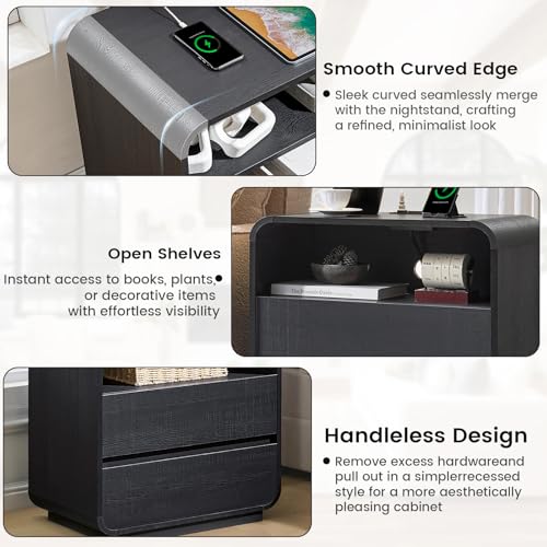 Curved Nightstand Set of 2 with Charging Station