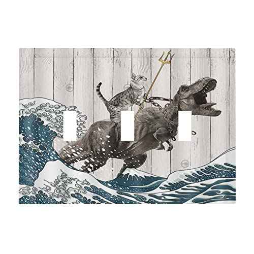 Funny Cat Cool Cat Dinosaur Sea Ocean Wave Wooden Style 1 Gang Light Switch Cover Plate Decorative No Device Wall Plate Blank Electrical Switch Plate Covers Dimmer Faceplate for Bathroom Decor