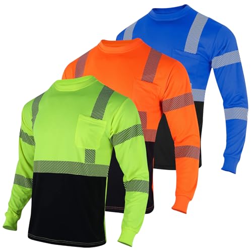 3pcs Safety T Shirts Reflective High Visibility Hi Vis Long Sleeve Construction Work Shirts for Men Class 3