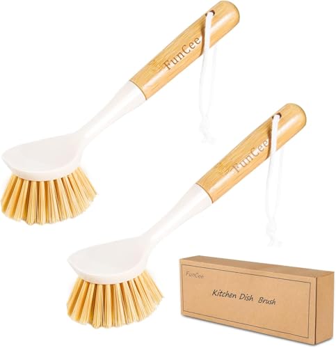 2 Pack Kitchen Dish Brushes with Bamboo Handle