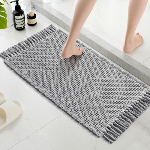 Waffle Bath Mat Super Absorbent Boho Bath Mat Non Slip Bath Rugs for Bathroom Floor Machine Washable Dry Fast Bathroom Rugs with Tassels