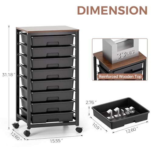 Rolling Cart with 8 Drawers and Wooden Tabletop