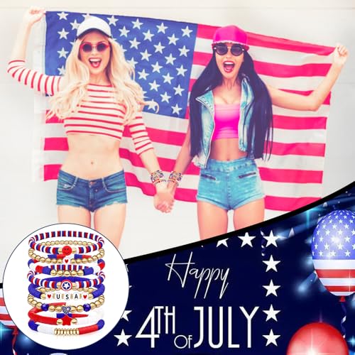 250 Anniversary USA Merchandise 4th of July Outfits for Women Men Teens Red White Blue Clay Beaded Stretch Bracelets USA Patriotic Jewelry 4th of July Accessories
