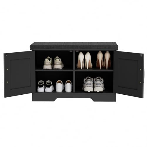 Farmhouse Shoe Storage Bench with Barn Doors & Padded Seat Cushion