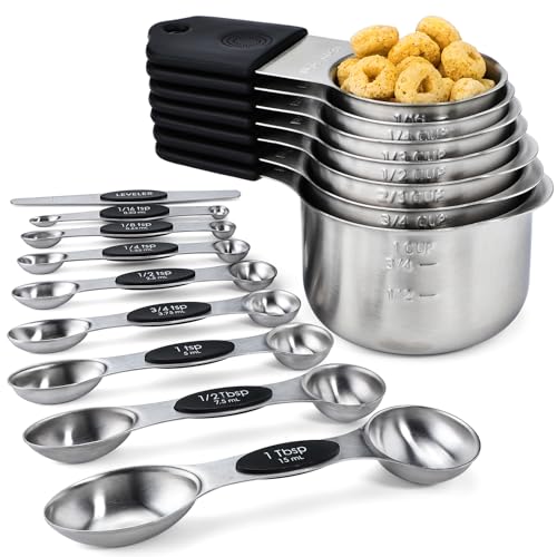 Magnetic Measuring Cups and Spoons Set Including 7 Stainless Steel Measuring Cups 8 Double Sided Magnetic Measuring Spoons Set with 1 Leveler Kitchen Measuring Tools for Cooking Baking