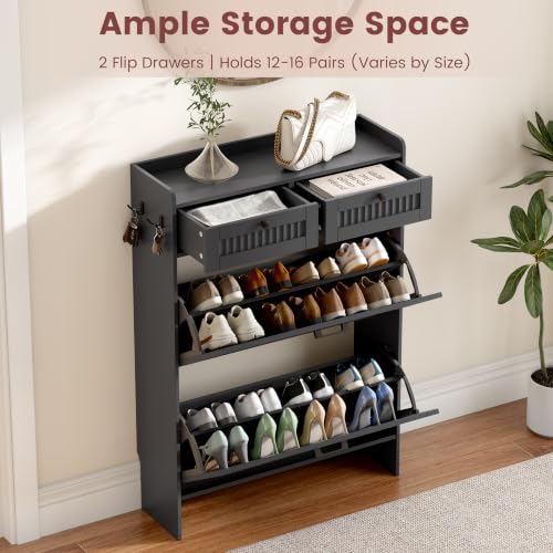 Fluted Shoe Storage Cabinet with 2 Flip Drawers & 2 Top Drawers