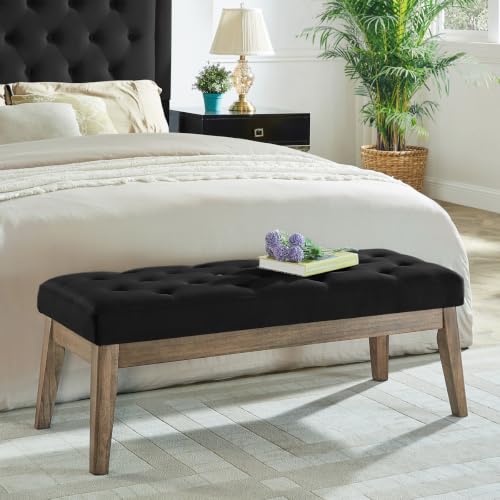 Velvet Upholstered Buttons Tufted Entryway Bench with Solid Wood Leg