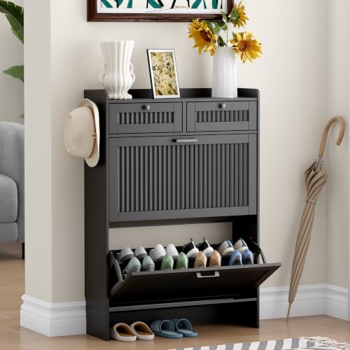 Fluted Shoe Storage Cabinet with 2 Flip Drawers & 2 Top Drawers