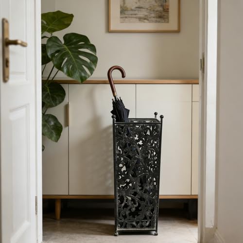 Vintage White Metal Umbrella Stand with Ornate Cutout Pattern Antique Decorative Umbrella Holder with Detachable Drip Tray for Entryway Storage Umbrellas Canes & Walking Sticks