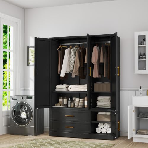 Metal Wardrobe Storage Cabinet with Hanging Rod for Bedroom