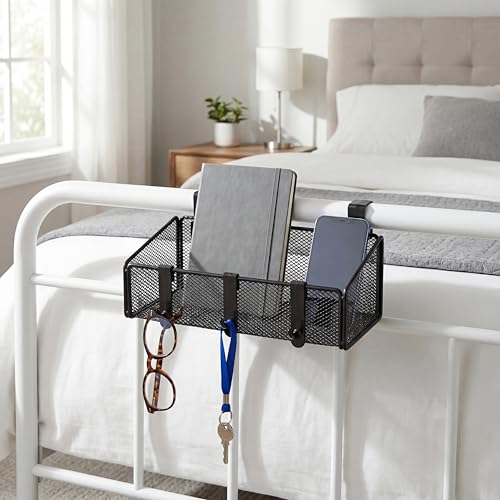 Bedside Shelf for Bed & Bunk Bed Storage Basket Desk Partition Divider Hanging Organizer with 5 Different Size Hooks