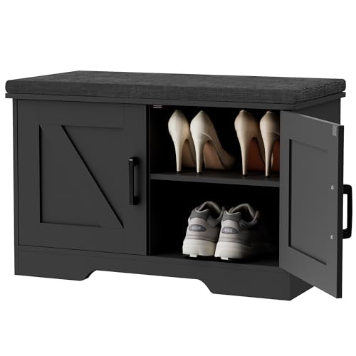 Farmhouse Shoe Storage Bench with Barn Doors & Padded Seat Cushion