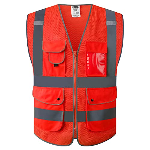9 Pockets Class 2 High Visibility Zipper Front Safety Vest With Reflective Strips Meets ANSI