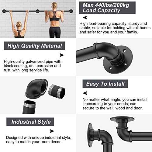 Industrial Stair Railing Wall Mount Staircase Handrail φ1.3" Pipe Hand Rail for Steps Grab Bar Foot Rail Vintage Pipe Railing Black Deck Handrail for Outdoor Indoor Stairs Porch