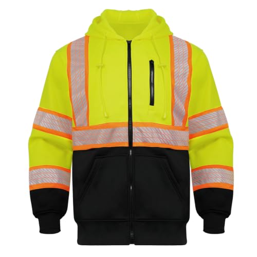 High Visibility Safety Hoodie Reflective ANSI Class 3 Sweatshirts for Men Hi Vis Construction Work Zipper Jackets