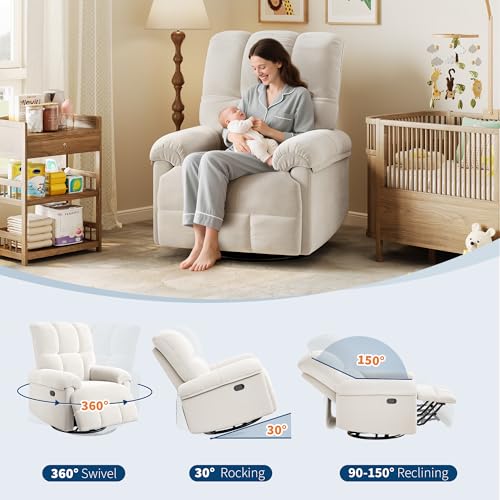 Swivel Rocking Nursery Recliner Chair Rocker Recliner Glider Deep Seat PU Leather Sofa Chair with high Backrest for Nursery