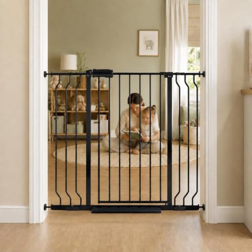 Baby Gate Extra Wide Pressure Mounted Walk Through Swing Auto Close Safety Black Metal Toddler Kids Child Dog Pet Puppy for Stairs