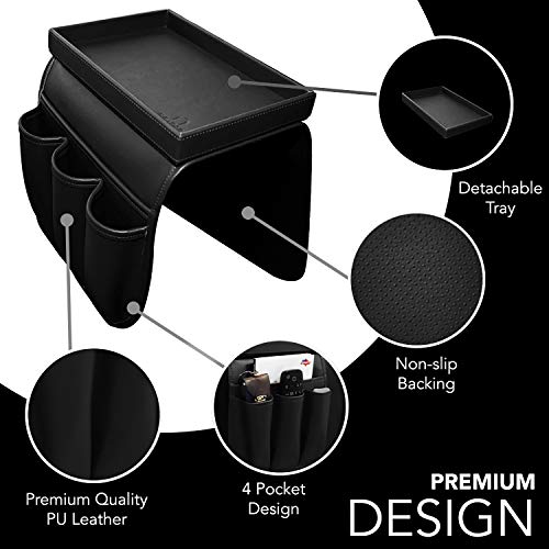 Couch Remote Caddy Control Holder Sofa Organizer with Detachable Wooden Snack Tray for Recliner Mattresses Chair Armrests with 4 Slots