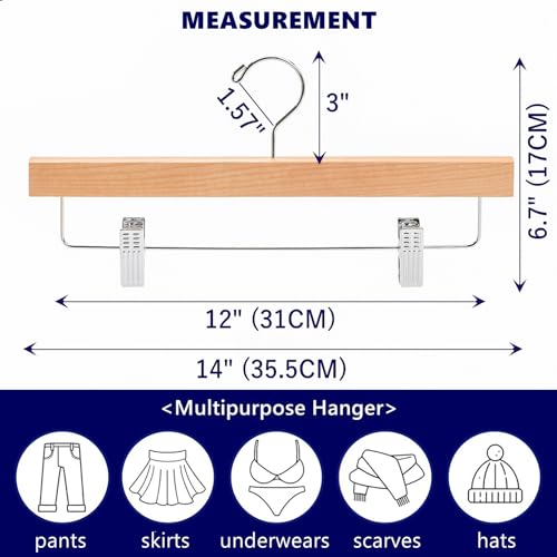 24 Pack Natural Wooden Pants Hangers with Clips