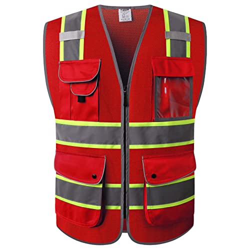 9 Pockets Class 2 High Visibility Zipper Front Safety Vest With Reflective Strips Meets ANSI