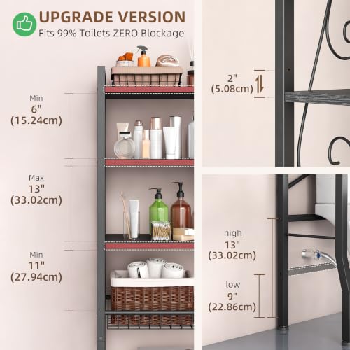 Over-The-Toilet Storage Rack 4-Tier,Bathroom Organizer Shelf Over Toilet,Adjustable Wooden Shelves and Basket,Freestanding Above Toilet Shelves,Space Saver for Rooms