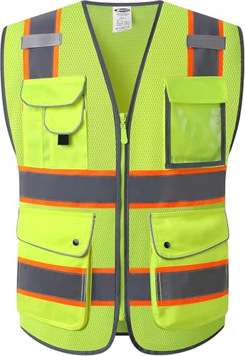 9 Pockets Class 2 High Visibility Zipper Front Safety Vest With Reflective Strips Meets ANSI