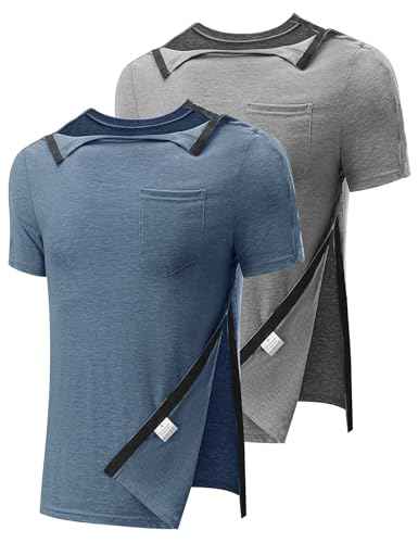 Men's Post Shoulder Surgery Recovery Shirts Full Tear Away Short Sleeve Snap Chemo Port Access Shirt