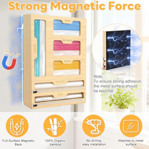 Magnetic Storage Bag Organizer 6 In 1 Food Bag Organizer for Drawer Food Storage Bags Organizers Foil and Plastic Wrap Organizers with Cutter