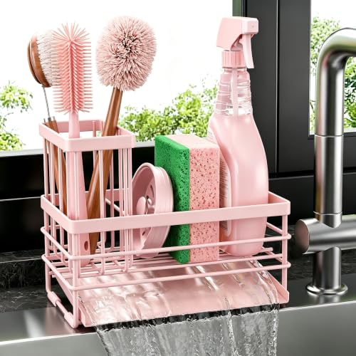 Sink Caddy Sponge Holder for Kitchen with Brush Holder and Stainless Steel Self Drain Tray