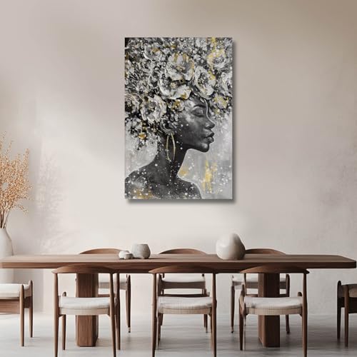 Black Woman Wall Art African American Canvas Animal Painting Cow Farmhouse Abstract Wall Decor Gray White Black Gold Modern Rustic Artwork for Living Room Bedroom Large Wall Art