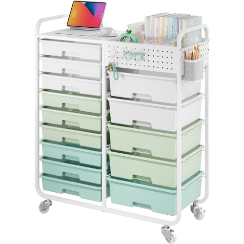 14 Drawer Rolling Storage Cart with Tabletop and Pegboard for Crafts