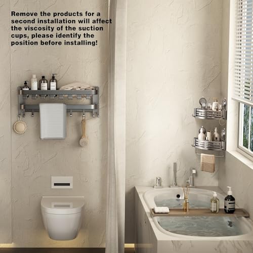 Corner Shower Caddy Suction Cup Shower Shelf Corner No Drilling Bathroom Shower Organizer Storage Rack Adhesive with Towel Bar Hooks