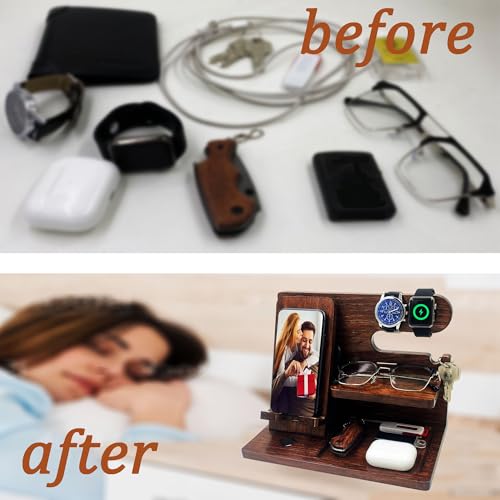 Birthday Gifts for Men Gift for Dad from Daughter Son Nightstand Organizer for Men Wood Phone Docking Station