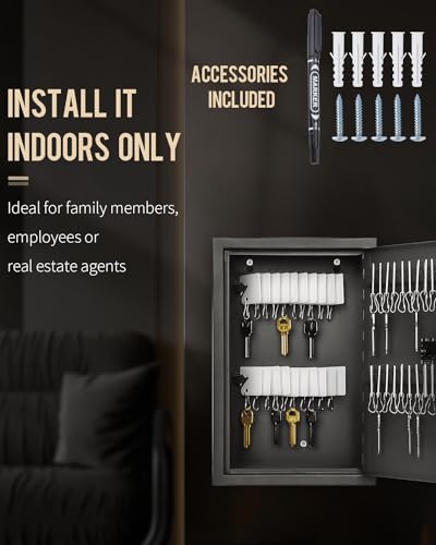 Slotted Key Cabinet with Combination Lock Wall Mounted Steel Key Organizer with Resettable Code Black Digital Security Box with Slotted Racks White Key Tags and Permanent Marker