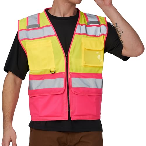 High Vis Reflective Safety Vest for Men Women Zipper Ipad Pockets Mesh Construction Apparel Neon Vest for Work