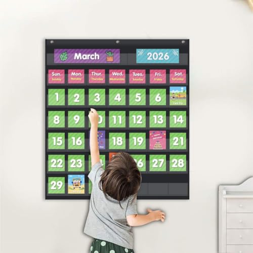 Classroom Monthly Calendar Pocket Chart with 71 Cards for Kids Learning for Home