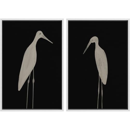 Framed Canvas Print Wall Art White Heron Pair in Marsh Coastal Illustrations Modern Art Decorative Bohemian Colorful for Living Room