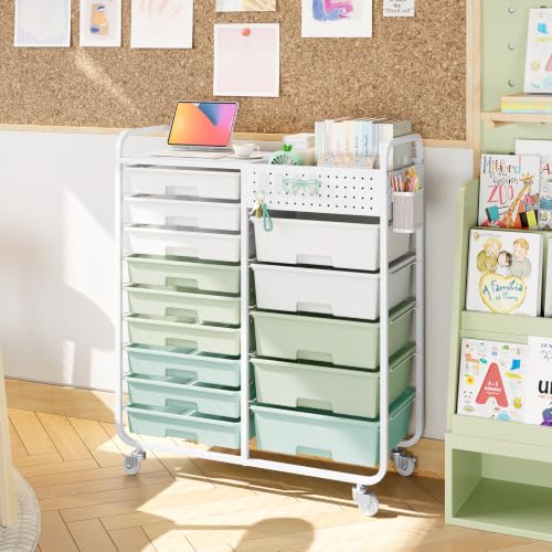 14 Drawer Rolling Storage Cart with Tabletop and Pegboard for Crafts