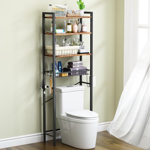 Over-The-Toilet Storage Rack, 4-Tier Bathroom Organizer Shelf Over Toilet with Adjustable Shelf and Basket, Freestanding Space Saver Bathroom Shelves Above Toilet for Room