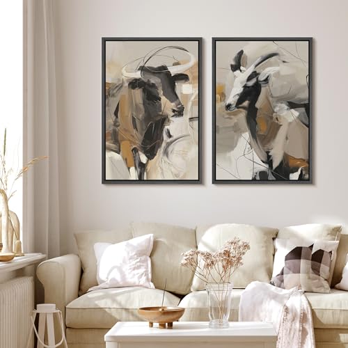 Framed Canvas Print Wall Art Modern Abstract Longhorn Cow Neutral Black Beige Western Cattle Illustrations Modern Art Decorative for Living Room
