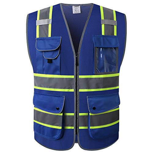 9 Pockets Class 2 High Visibility Zipper Front Safety Vest With Reflective Strips Meets ANSI