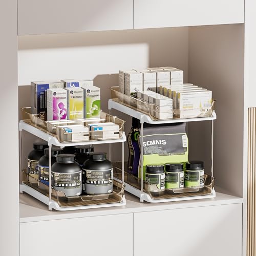 2-Tier Multi-Purpose Bathroom Under Sink Organizers and Storage, Stackable Kitchen Pantry Organization, Pull Out Medicine Cabinet Organizer with Movable Dividers